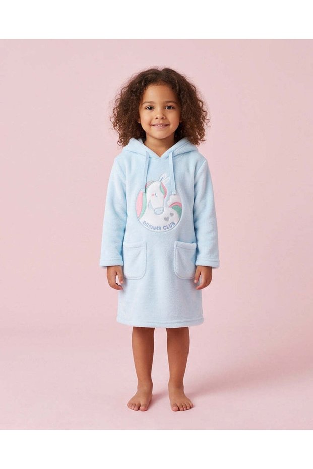 Girls Blue Horse Embroidered Hooded Nightshirt
