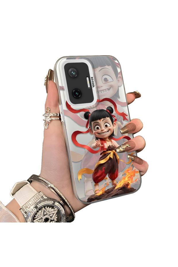 Xiaomi Poco F7 Compatible Acrylic Hard Back Panel with Silicone Edges Opaque Nezha Pattern Phone Case