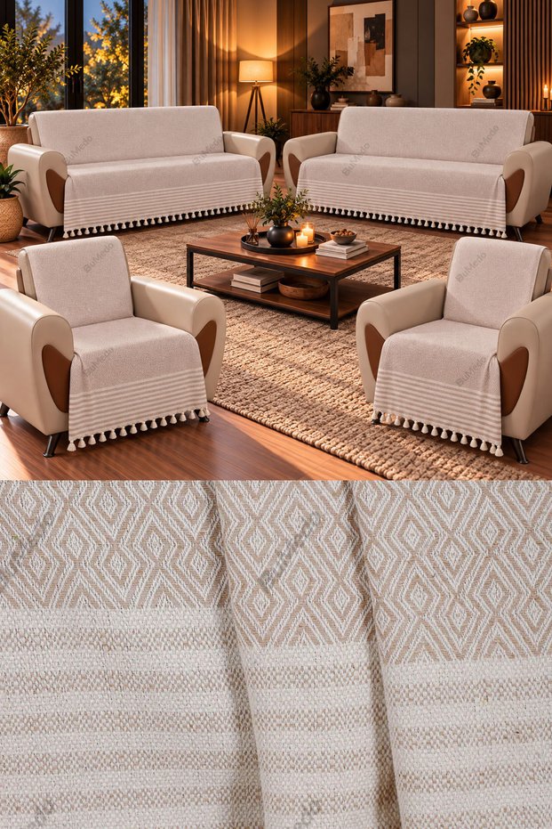 Buldan Handmade Cotton Woven Sofa Bed Cover Set (3+3+1+1) Model Without Covering the Arms - 170X210 cm
