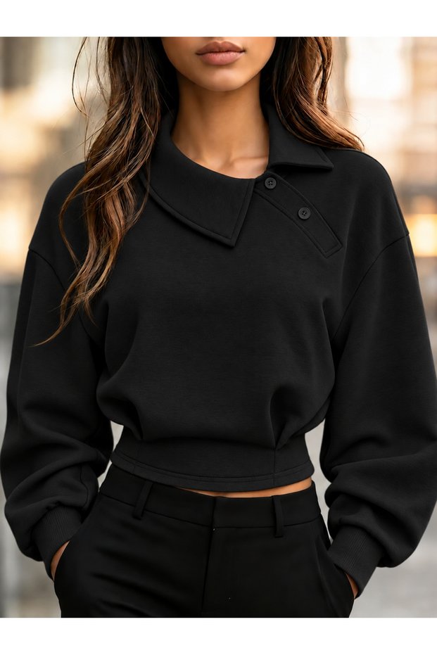 Women's Black Asymmetrical Buttoned Polo Collar Sweatshirt – Oversize Long Sleeve