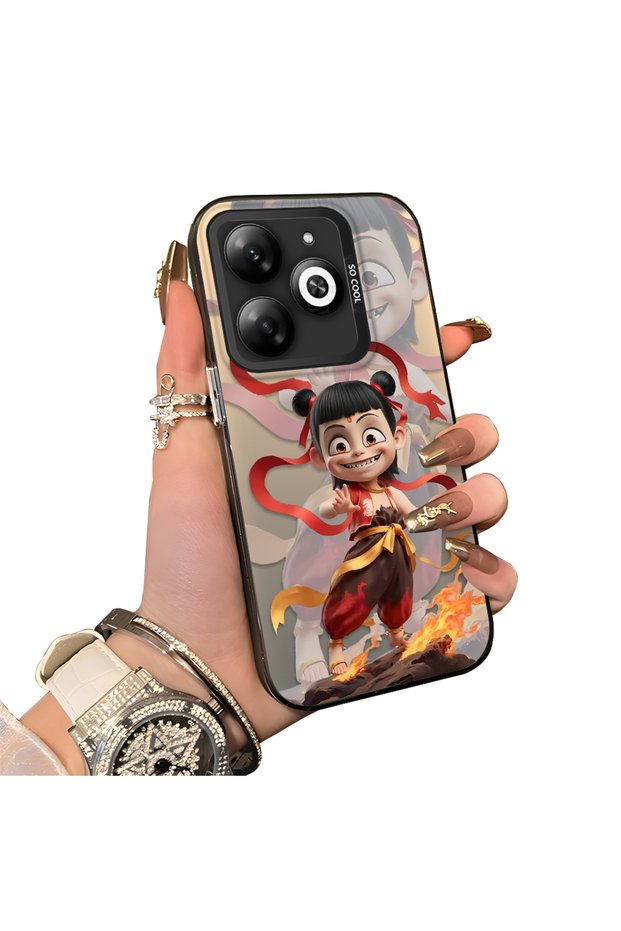 Infinix Smart 8/8 Pro/8 Plus Compatible Acrylic Hard Back Panel with Silicone Edges Opaque Nezha Pattern Phone Case