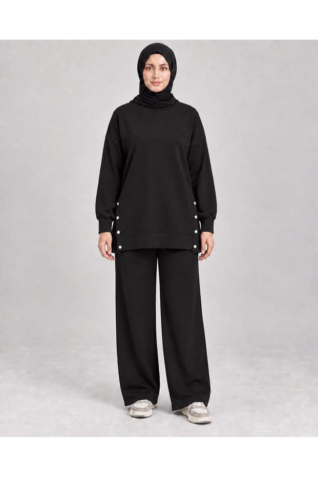 Women's Black Snap Detailed Slit Oversize Oysho Set