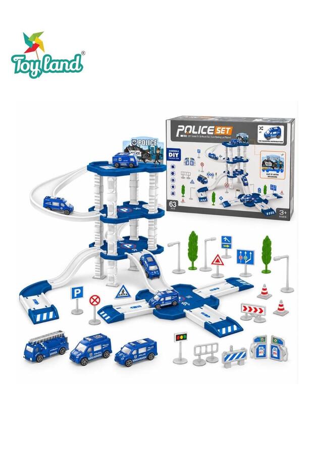 63 PCS Kids Police Station Parking Garage Playset, DIY 3D Multi-Level Car Track with Ramps, Police Toy Vehicles, Traffic Signs & Accessories, Educational Building Toy for Ages 3+