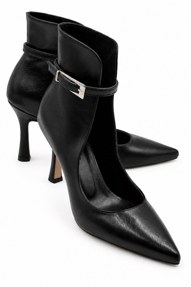 Caren Women's Black Leather Pointed Toe Thin Heeled Belt Detailed Windowed Stylish Boots & Stiletto 9 cm Heel