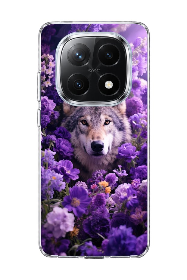 Redmi Note 14 Pro Plus 5g Compatible Wolf and Purple Flower Printed Transparent Phone Case