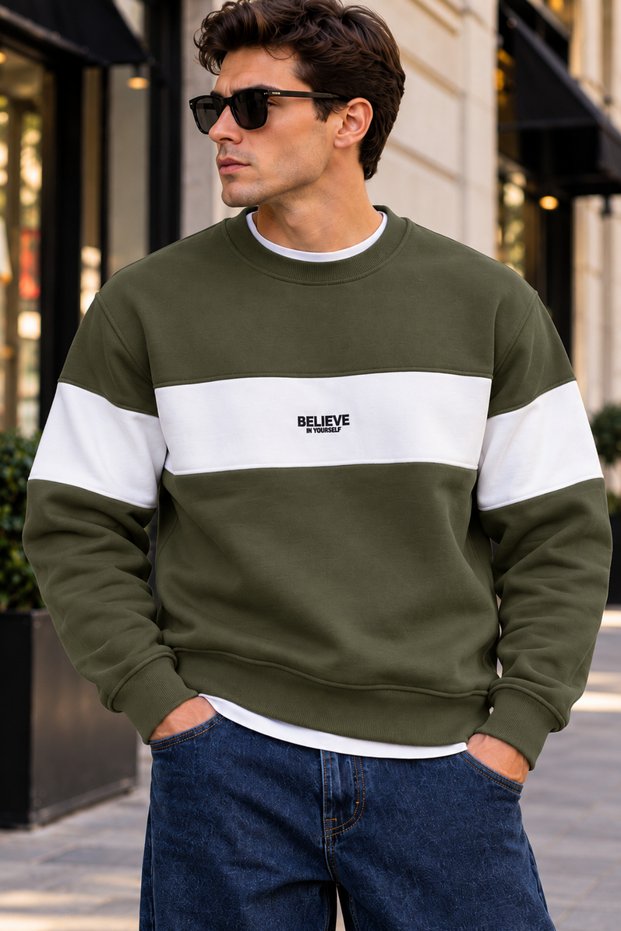 Men's Stripe Detailed Believe Printed 3 Thread Raster Crew Neck Sweatshirt