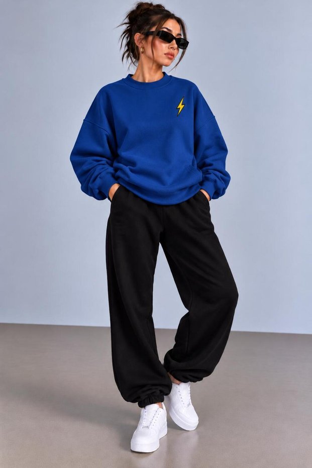 Zero Collar Sweat Suit 2-Piece Combination with Shardon Pattern on the Bottom and Top, Unisex, Lightning Printed