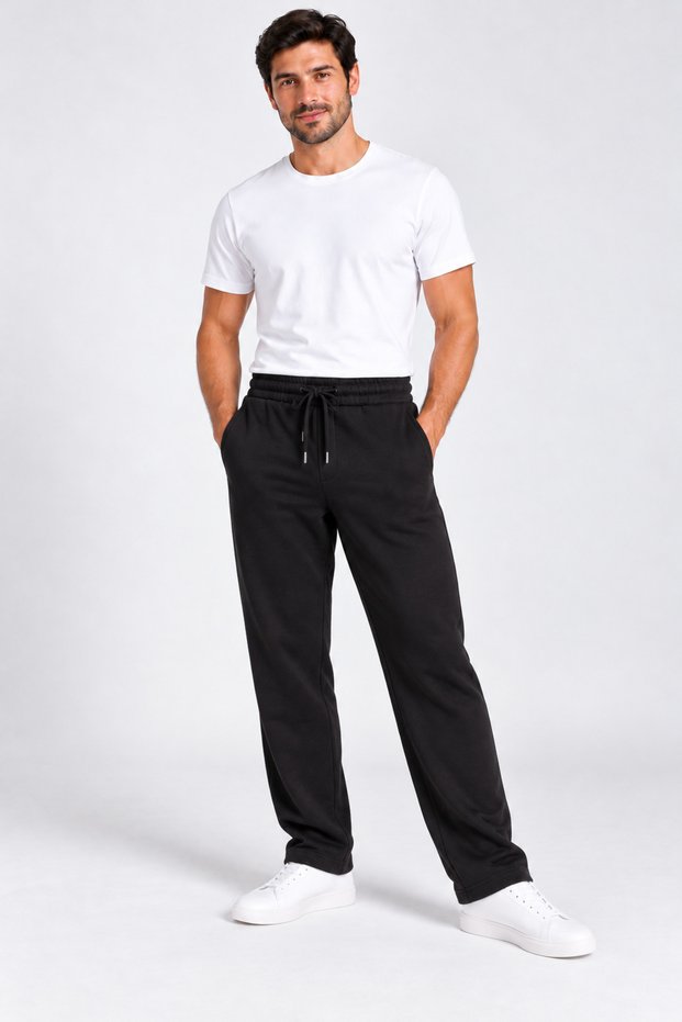 Men's Black Winter Wide-Leg Sweatpants Combed Cotton with Fleece Inside Baggy Style