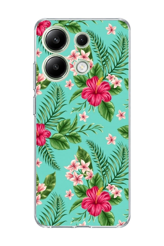 Redmi Note 13 4g Compatible Turquoise Tropical Flower Printed Transparent Phone Case