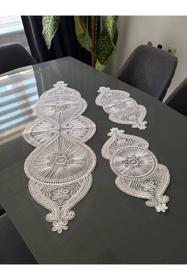French Lace Tulle Guipure Stylish Luxury 3-Piece Runner Living Room Set Coffee Table Console Cover-Tv Unit Set