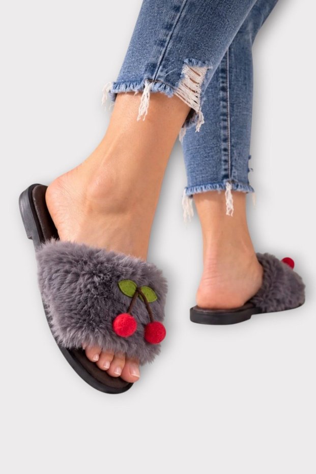 Women's Warm Plush Cherry Detailed House Slippers Smoked