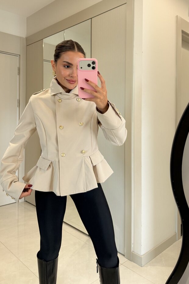 Gold Buttoned Trench Coat with Stand-Up Collar Detail and Fitted Waist