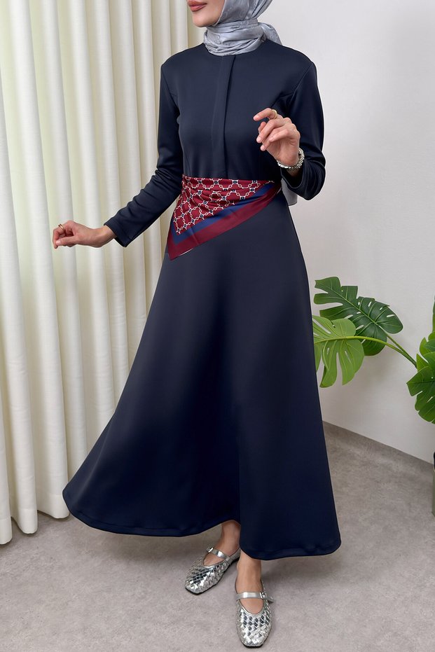 Scuba Faux Leather Belted Dress 0045 - Dark Blue