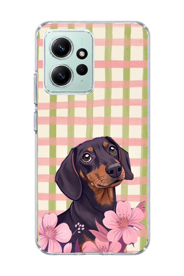 Redmi Note 12 4g Compatible Sausage Dog Pink Plaid Printed Transparent Phone Case