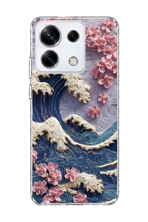 Redmi Note 13 Pro 5g Compatible Wave and Cherry Blossom Printed Transparent Phone Case
