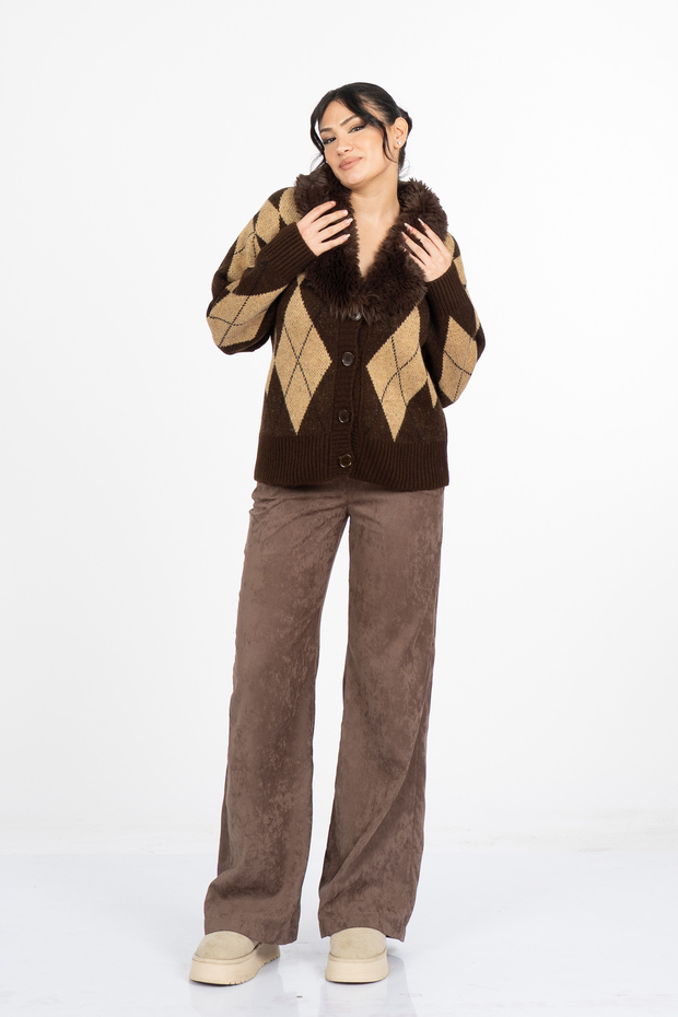 Women's Winter Black Rosalinde Plush-Collar Diamond Patterned Knit Cardigan 26502
