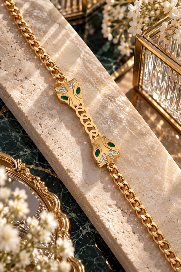 Double Leopard Figured Green Stone Steel Chain Bracelet (Gold Color)