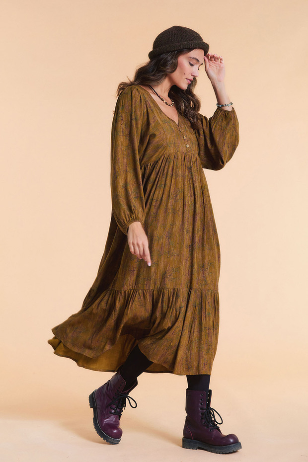 Long Dress with Fold Detailed Balloon Sleeves