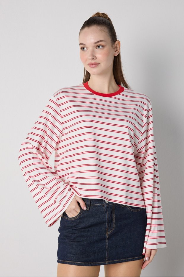 Women's Red Crop Wide Sleeve Oversize Basic Striped T-Shirt 32077