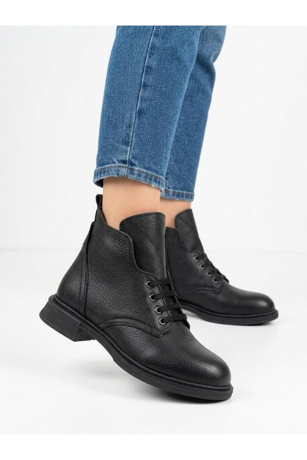 Women's black genuine leather orthopedic non-slip sole warm daily boots