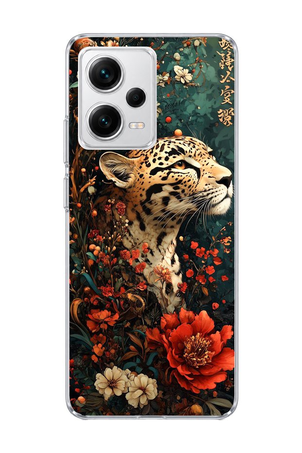 Redmi Note 12 Pro 5g Compatible Leopard Red Flower Printed Transparent Phone Case