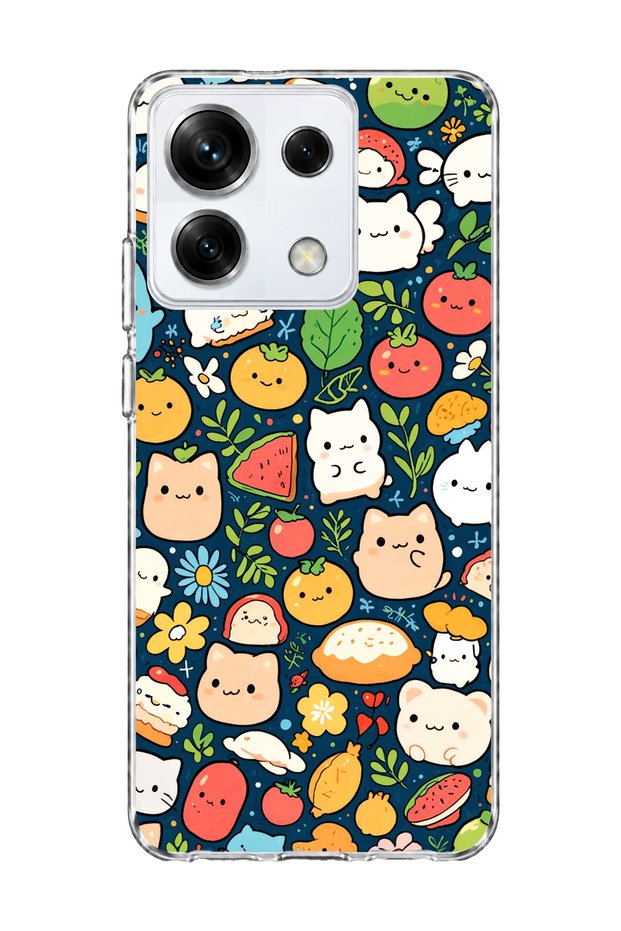 Redmi Note 13 Pro 5g Compatible Cat Fruit Navy Blue Printed Transparent Phone Case