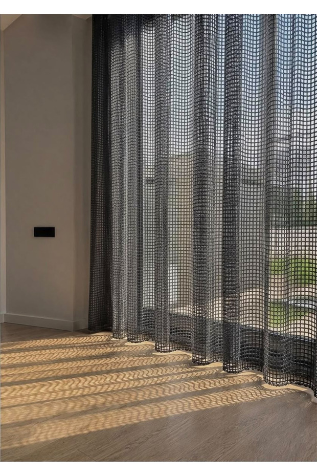 Anthracite Luxury Mesh Tulle Curtain with Cornice, Flat Installation, No Pleats [Enxboy]
