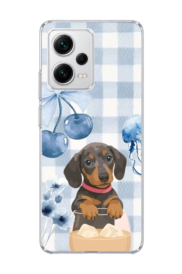 Redmi Note 12 Pro 5g Compatible Sausage Dog Blue Plaid Printed Transparent Phone Case