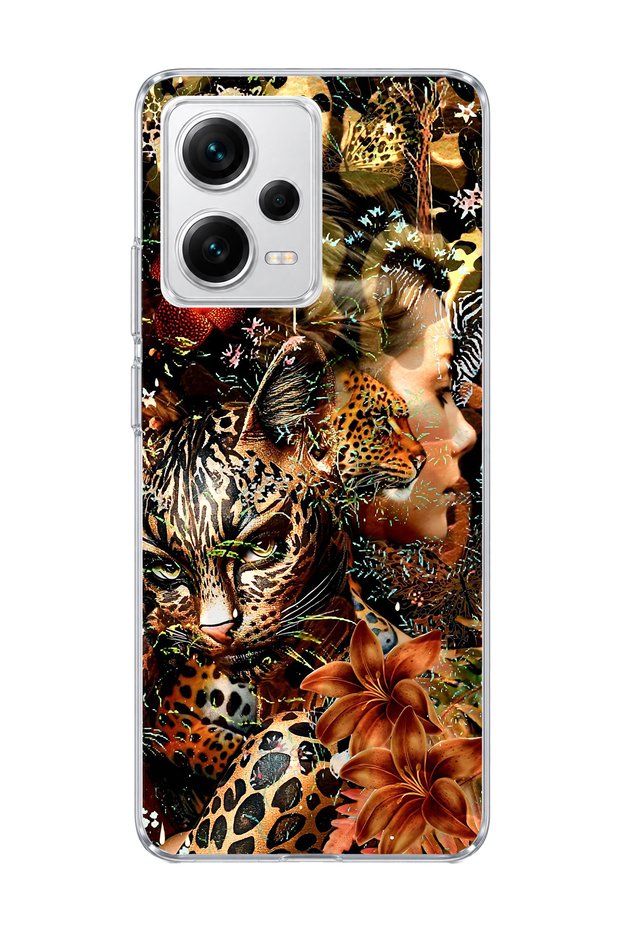 Redmi Note 12 Pro 5g Compatible Leopard Gold Collage Printed Transparent Phone Case