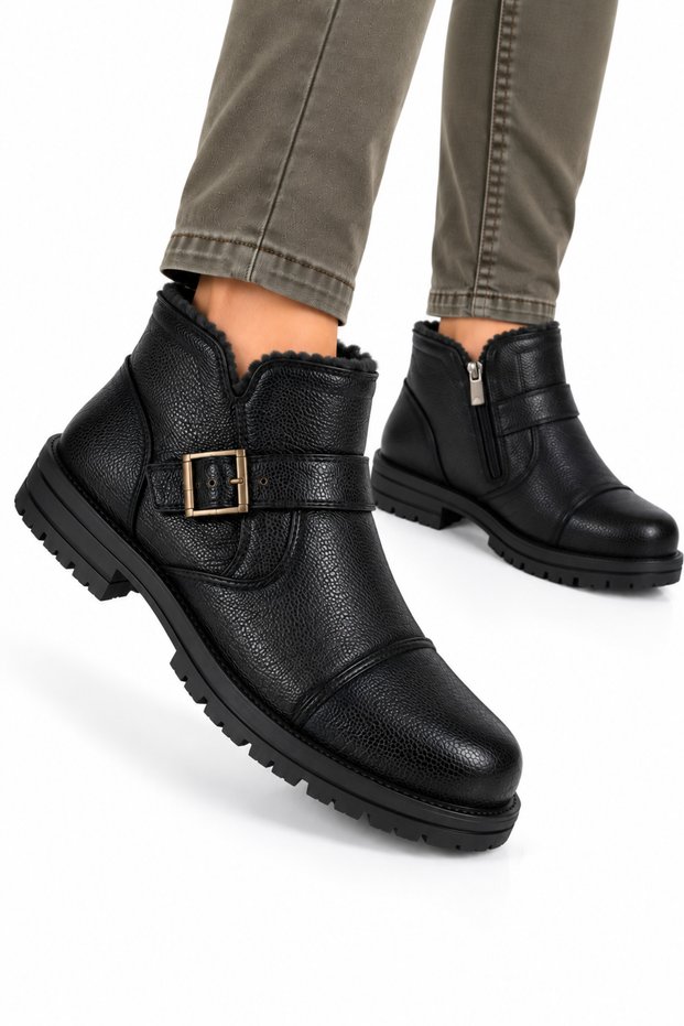 Men's Fur Lined Boots with Side Buckle and Non-Slip Sole Black