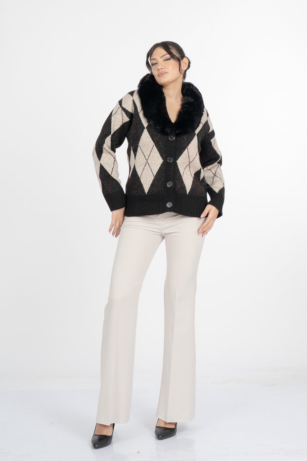 Women's Winter Black Rosalinde Plush-Collar Diamond Patterned Knit Cardigan 26502
