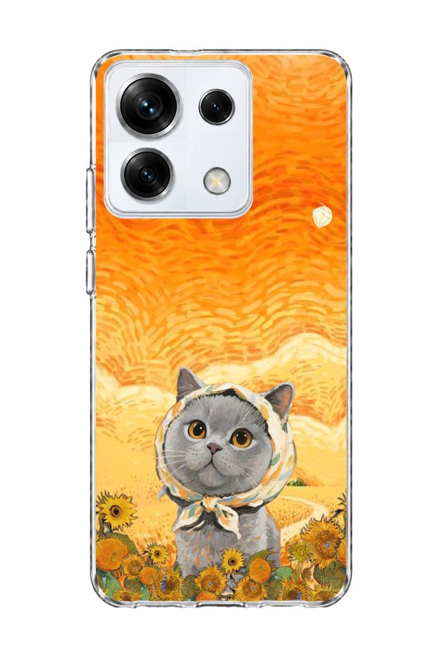 Redmi Note 13 Pro 5g Compatible Gray Cat Sunflower Printed Transparent Phone Case with Scarf