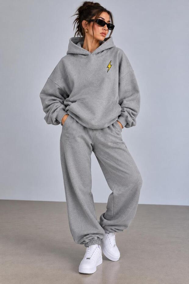 Hooded Tracksuit 2-Piece Set with Ribbed Bottom and Top Combination Unisex Lightning Printed