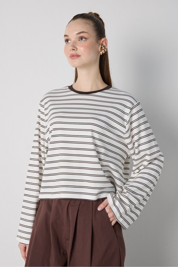 Women's Brown Crop Wide Sleeve Oversize Basic Striped T-Shirt 32077