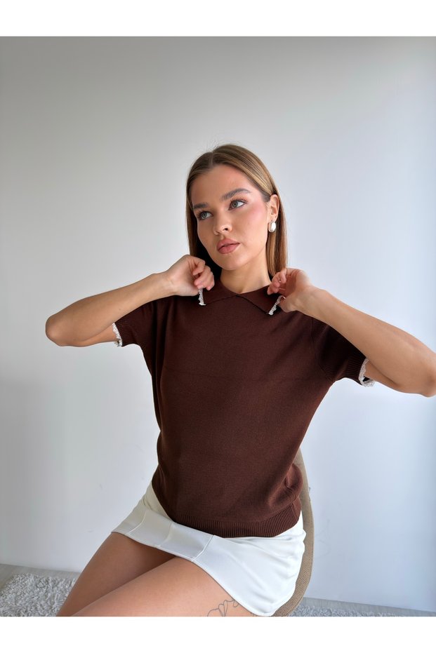 Polo Collar Lace Detailed Knitwear Blouse