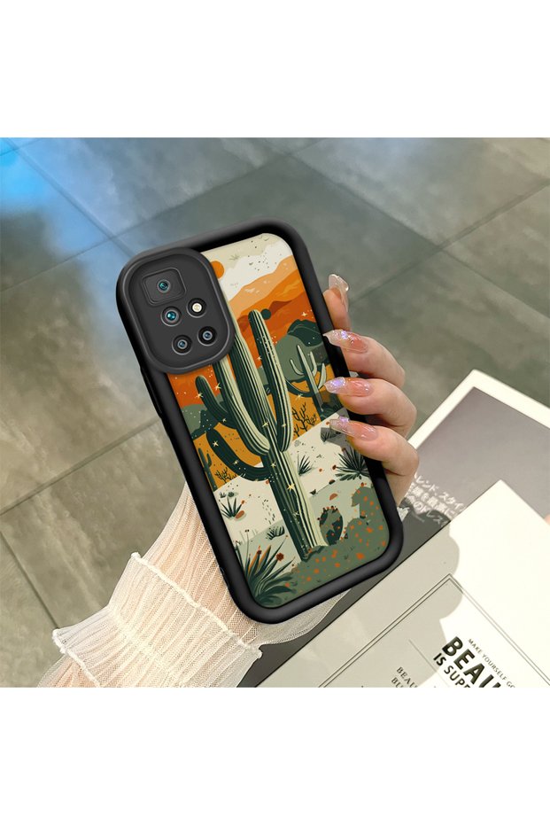 Redmi 10 2022 Compatible Black Silicone Camera Protected Shock Absorbing Protective Case Cactus Pattern