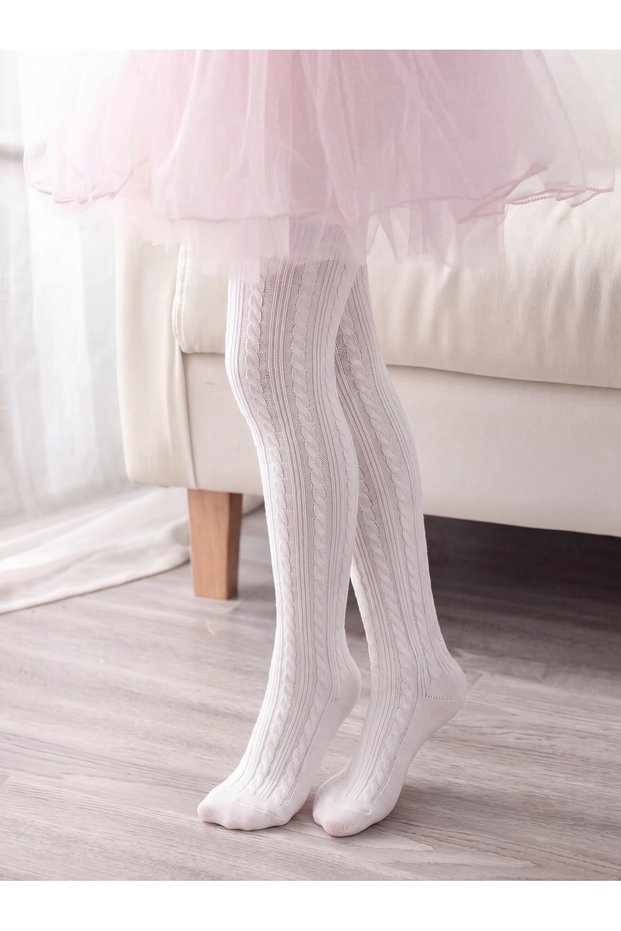 5-7 Years Old Girls' Knitted Patterned White Pantyhose