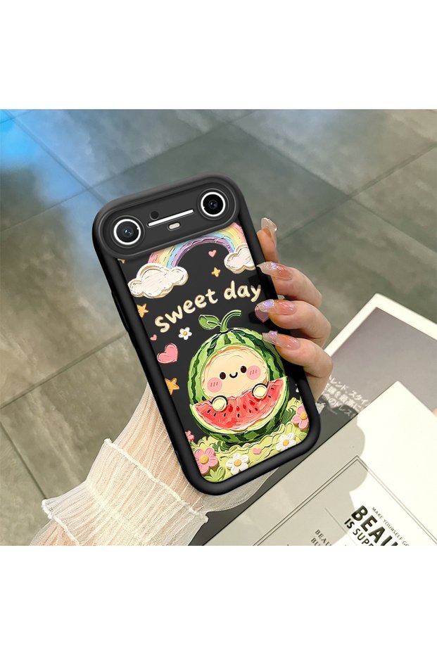 Tecno Spark Slim/Pova Slim Compatible Black Silicone Camera Protected Shock-Absorbing Protective Case Watermelon and Rainbow Pattern