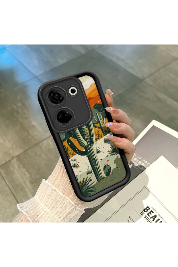 Tecno Camon 20 Pro 4g (Ck7N) Compatible Black Silicone Camera Protected Shock-Absorbing Protective Case with Cactus Pattern