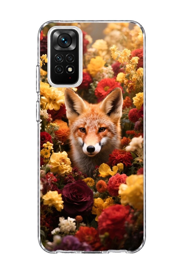 Redmi Note 11 / 11S Compatible Transparent Phone Case with Fox and Flowers Printed Design