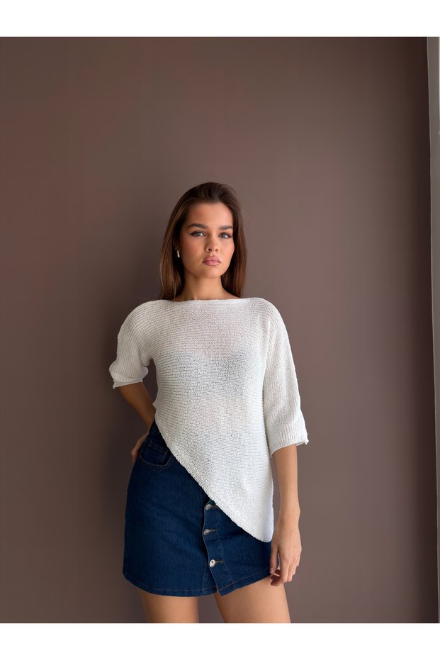 Asymmetrical Cut Openwork Knitwear Blouse