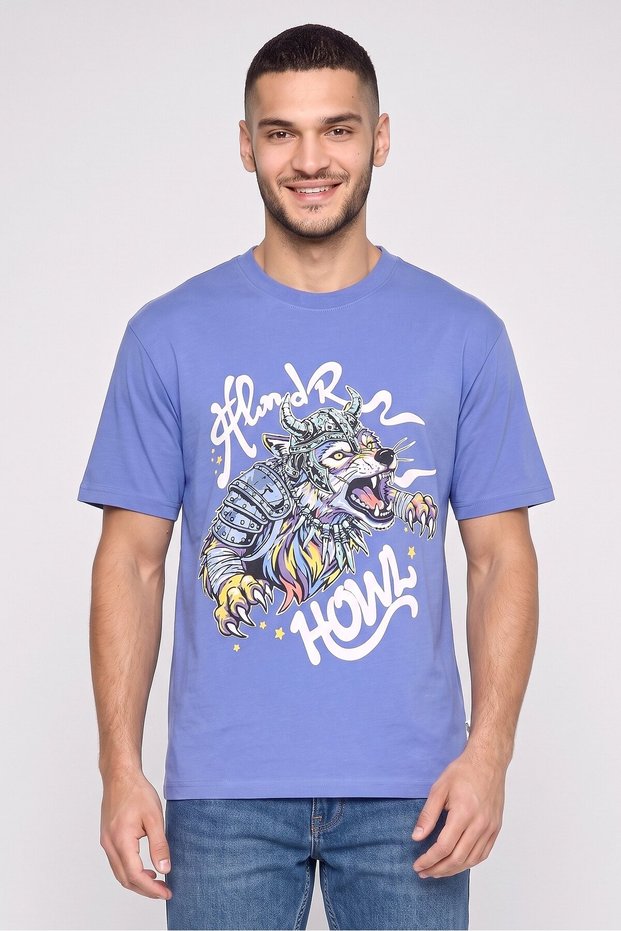 Men Relaxed Fit Crew Neck Short Sleeve Graphic Print T-Shirt, Blue