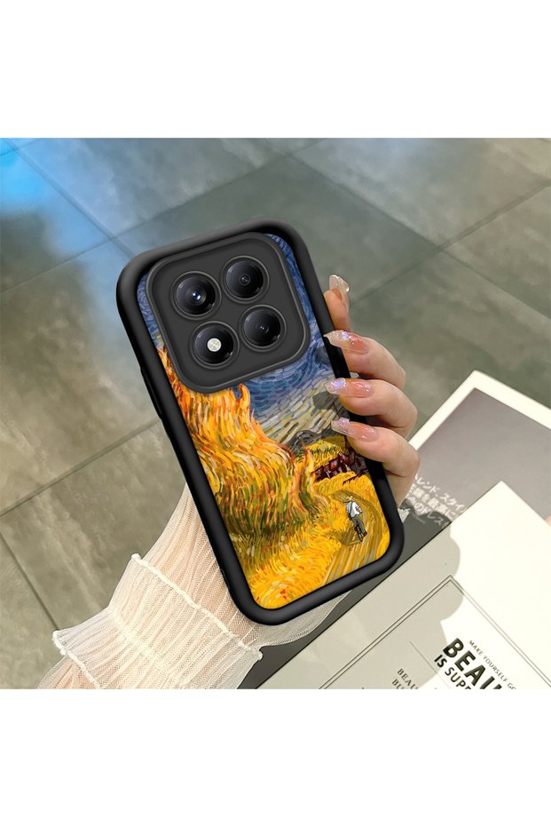 Redmi Note 14 Pro 4g Compatible Black Silicone Camera Protected Shock-Absorbing Protective Case with Starry Oil Painting Pattern