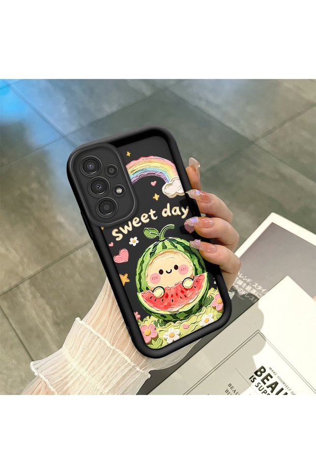 Samsung Galaxy A13 4g Compatible Black Silicone Camera Protected Shock Absorbing Protective Case Watermelon and Rainbow Pattern