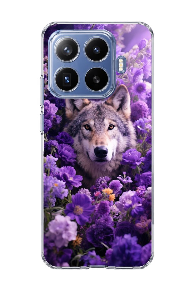 Mi 17t Pro Compatible Wolf and Purple Flower Printed Transparent Phone Case