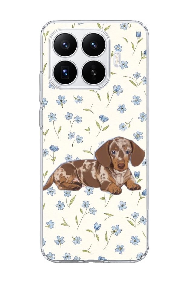 Mi 17t Compatible Sausage Dog Blue Flower Printed Transparent Phone Case