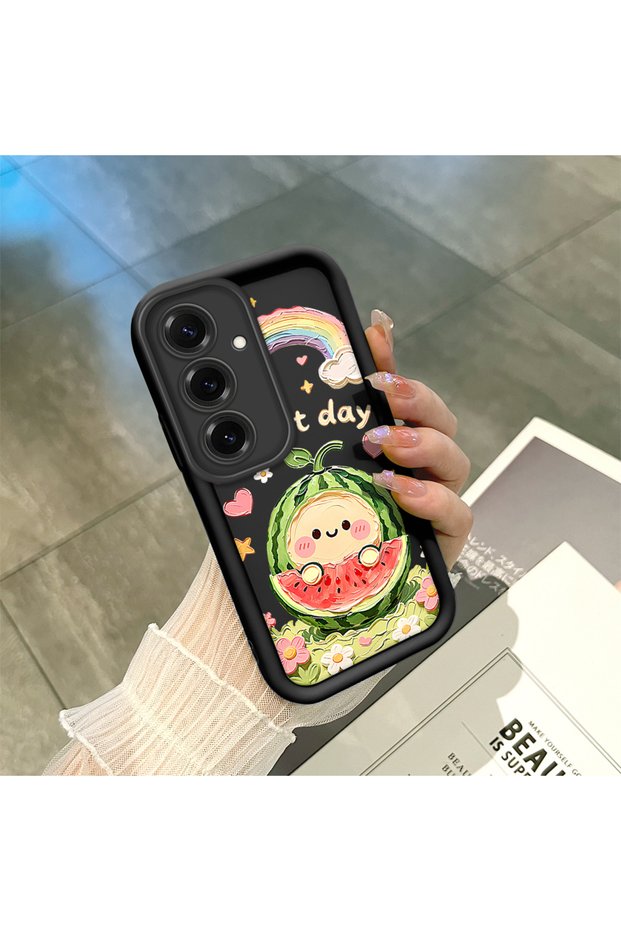 Samsung Galaxy S25 Plus Compatible Black Silicone Camera Protected Shock Absorbing Protective Case Watermelon and Rainbow Pattern