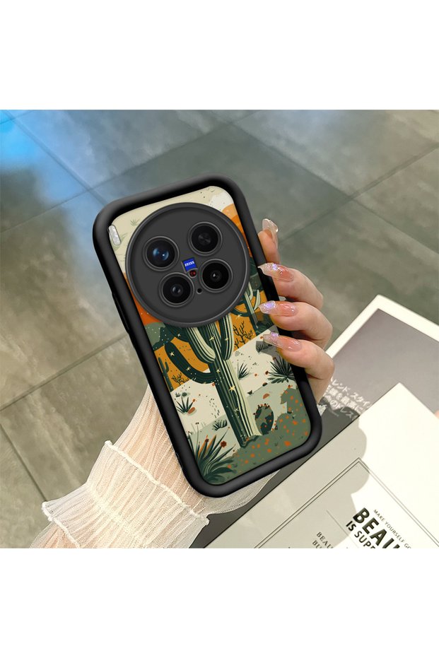 Vivo X300 Pro Compatible Black Silicone Camera Protected Shock Absorbing Protective Case with Cactus Pattern