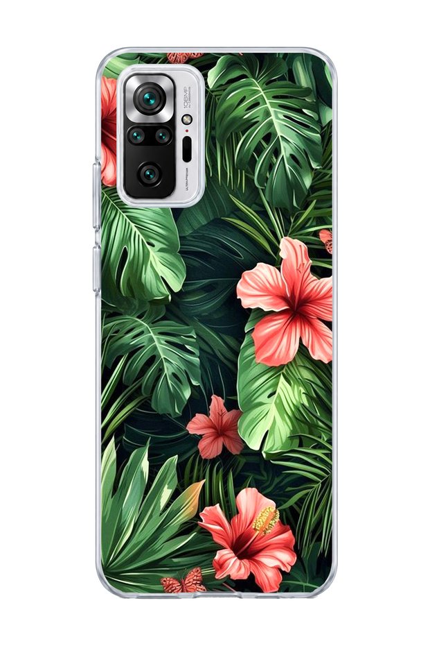 Redmi Note 10 Pro 4g Compatible Red Flower Tropical Leaf Printed Transparent Phone Case