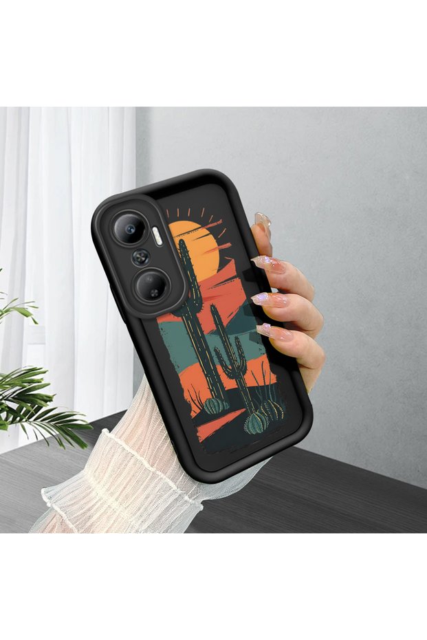 Infinix Hot 20 4g Compatible Black Silicone Camera Protected Shock-Absorbing Protective Case with Cactus Pattern